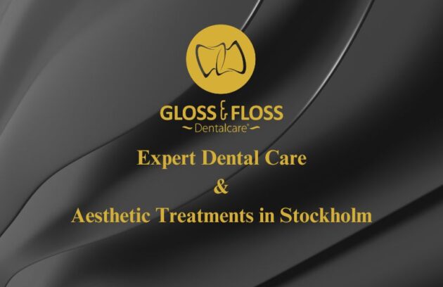 Gloss & Floss Dental Care logo with the text "Expert Dental Care & Aesthetic Treatments in Stockholm" on a sleek black background.